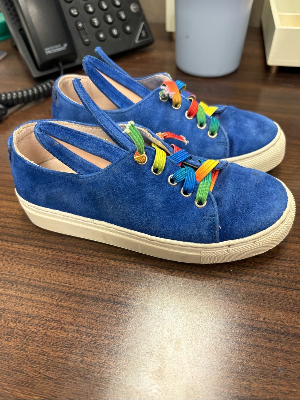 Minna Parikka Blue Suede Slip-On Bunny Sneakers with Rainbow Laces - Picture 2 of 11